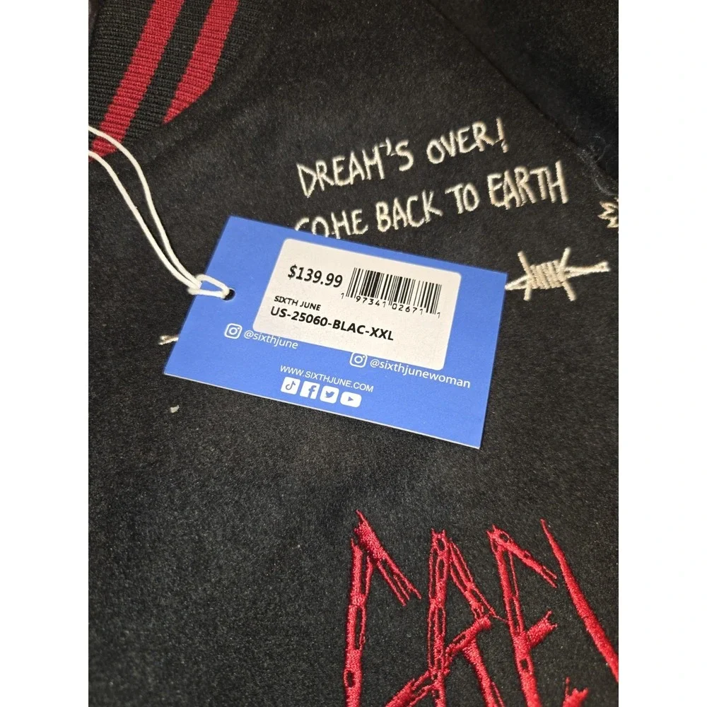 Sixth June Varsity Jacket 2XL NWT Black Embroidered Flames Streetwear